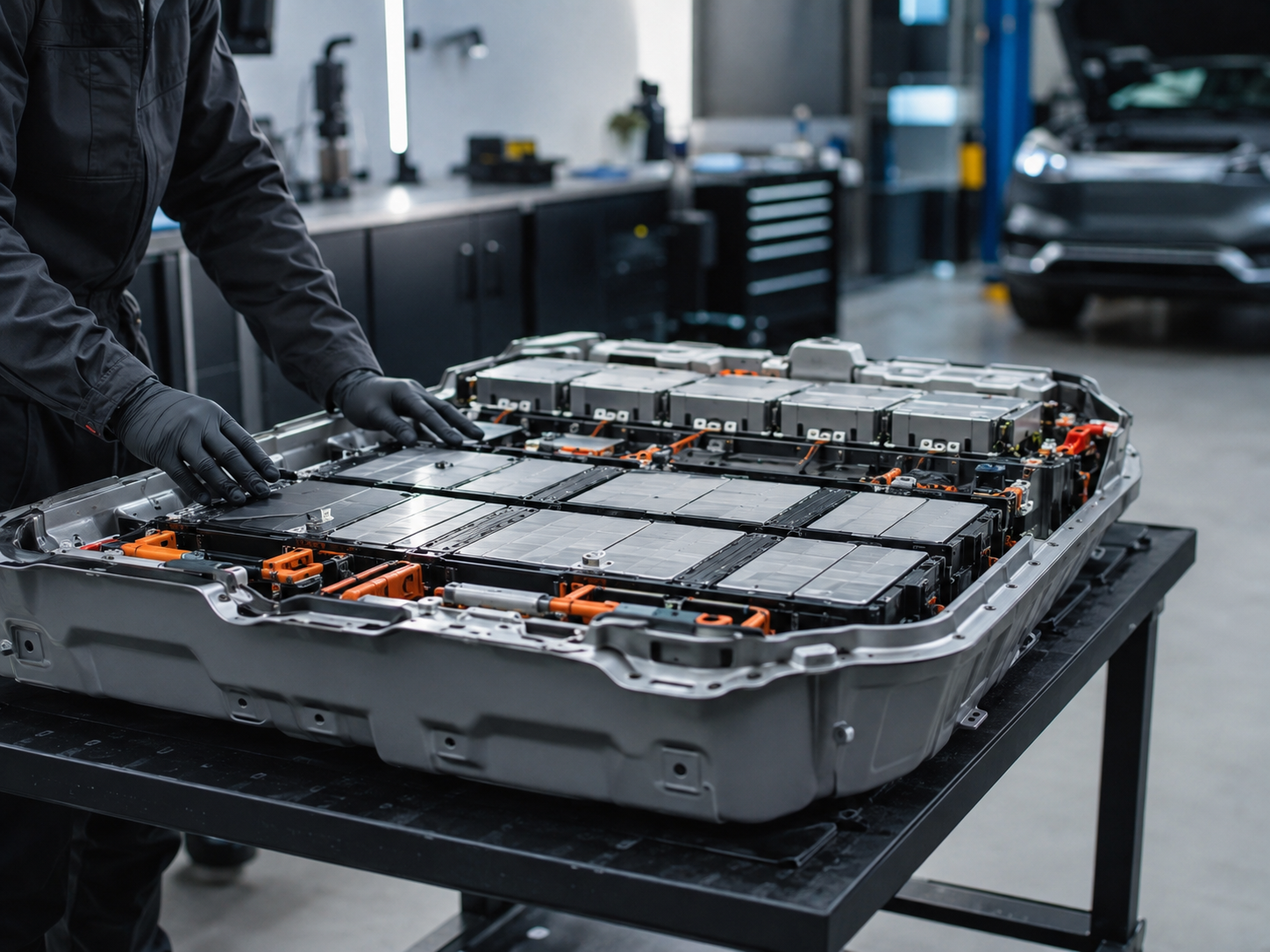 Dismantled hybrid battery being inspected
