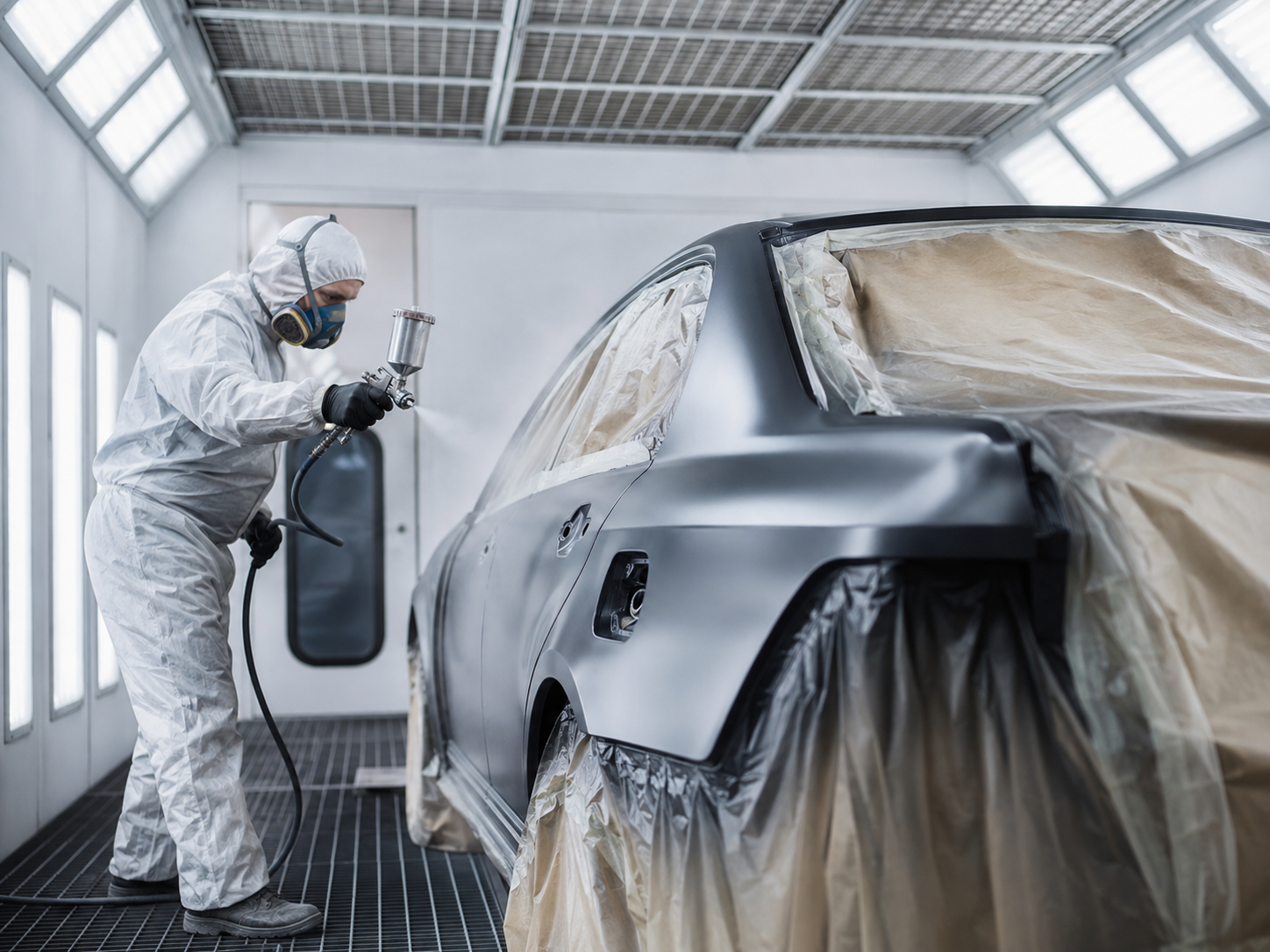 Car being painted inside a paint booth